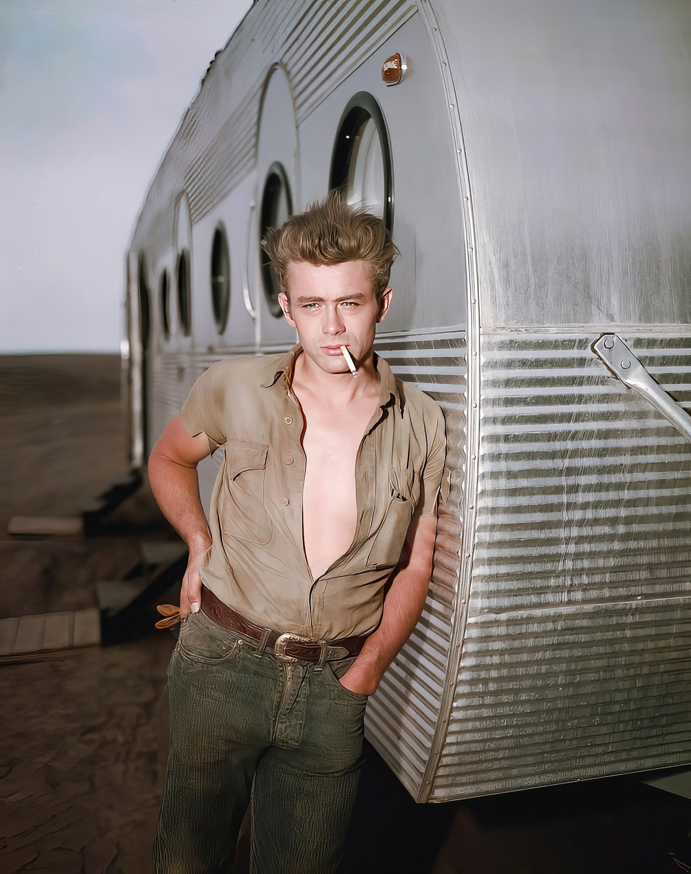 James Dean Leaning On Trailer Vintage Photo - Celebrity Actors