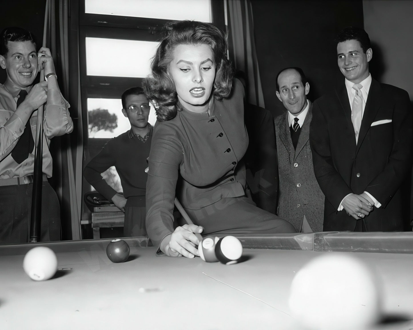 Sophia Loren Shooting Pool B&W Photo - Celebrity Actresses
