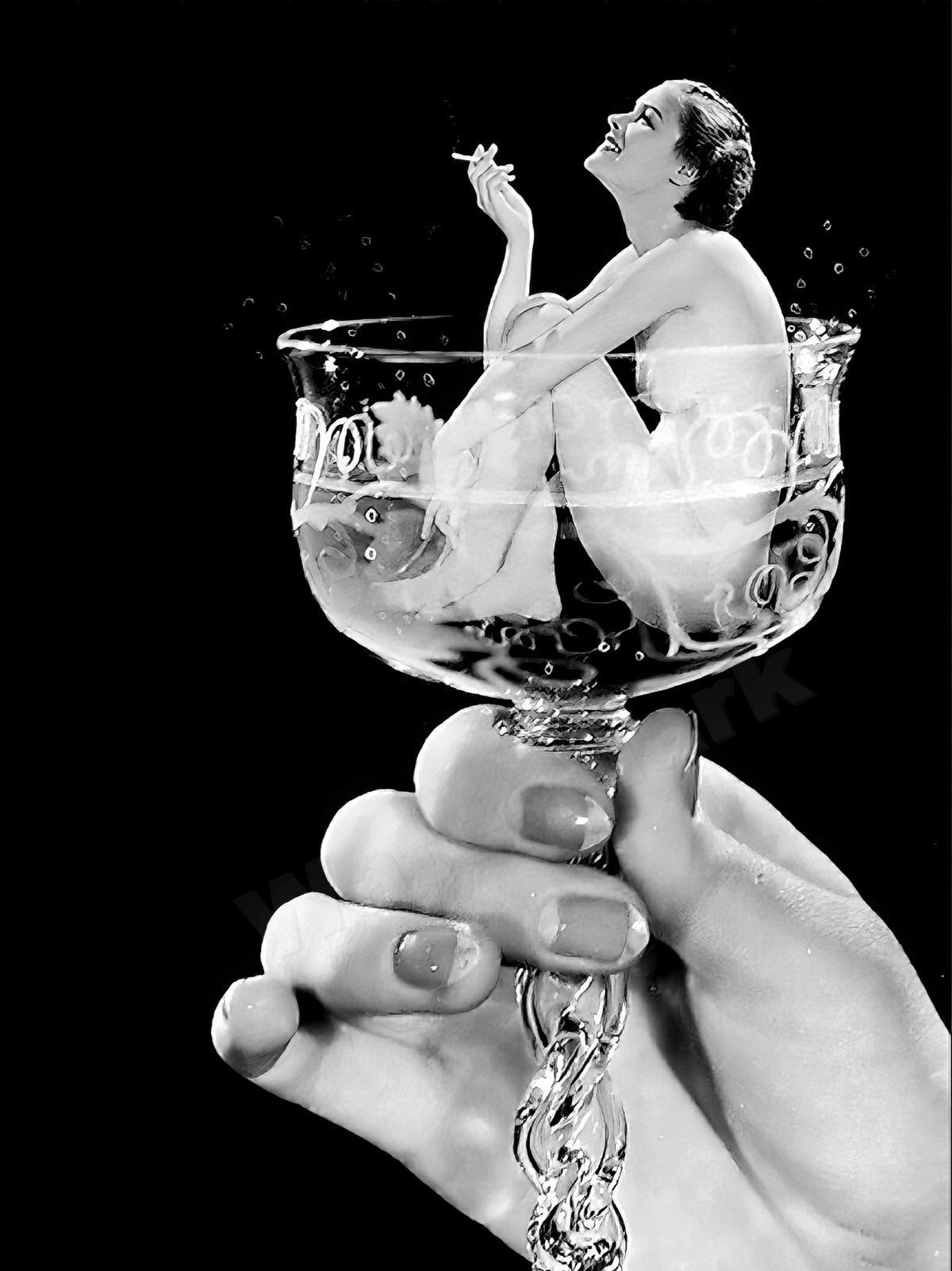 1930's Era Woman in Champagne Glass B&W Photo - Celebrity Actresses and Showgirls