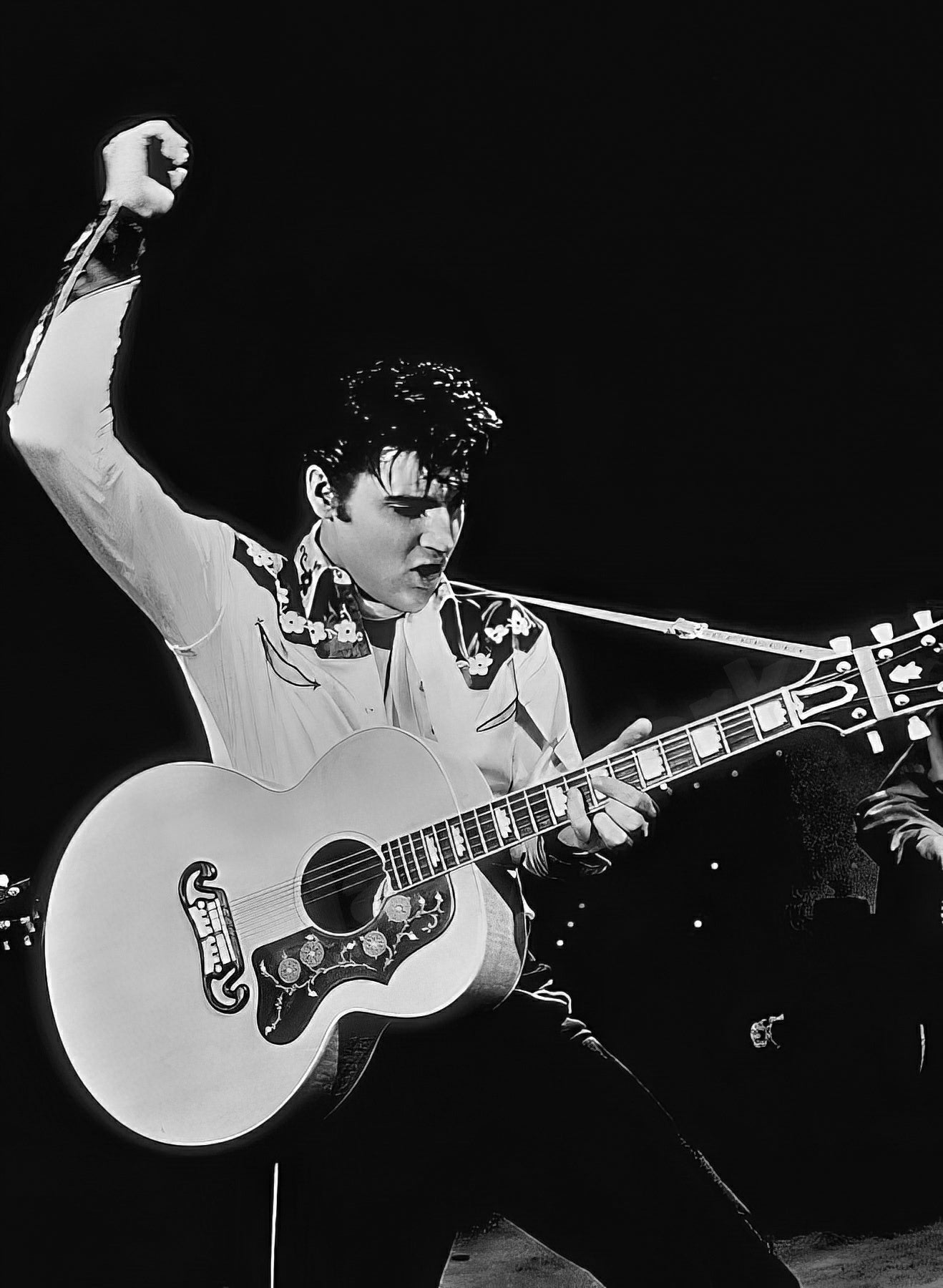 Elvis Presley Playing Guitar On Stage B&W Photo - Celebrity Musicians