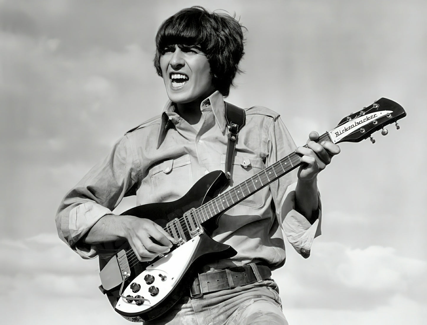 George Harrison Playing Guitar In Help B&W Photo - Celebrity Musicians