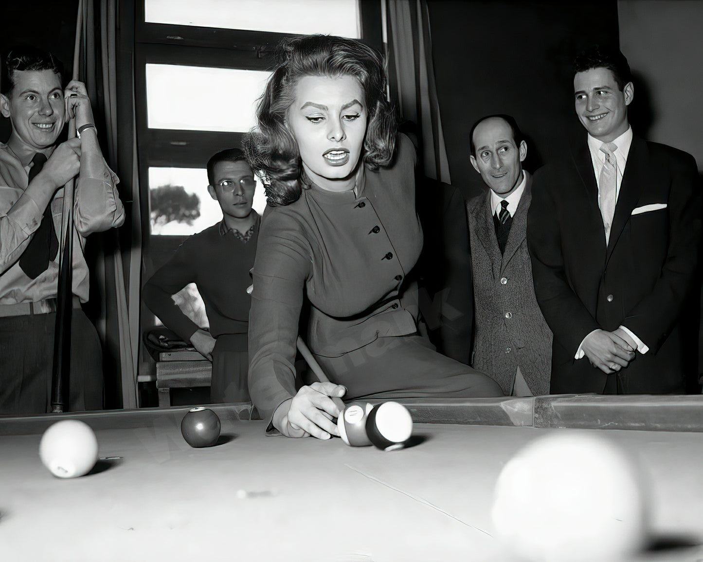 Sophia Loren Shooting Pool B&W Photo - Celebrity Actresses