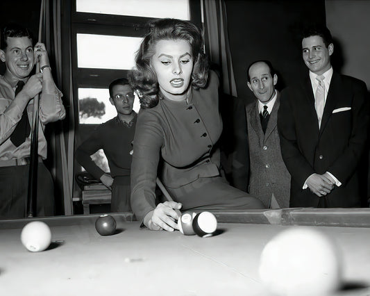 Sophia Loren Shooting Pool B&W Photo - Celebrity Actresses