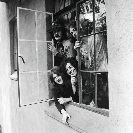 Led Zeppelin Smiling And Leaning Out Window At The Chateau Marmont B&W Photo - Celebrity Musicians