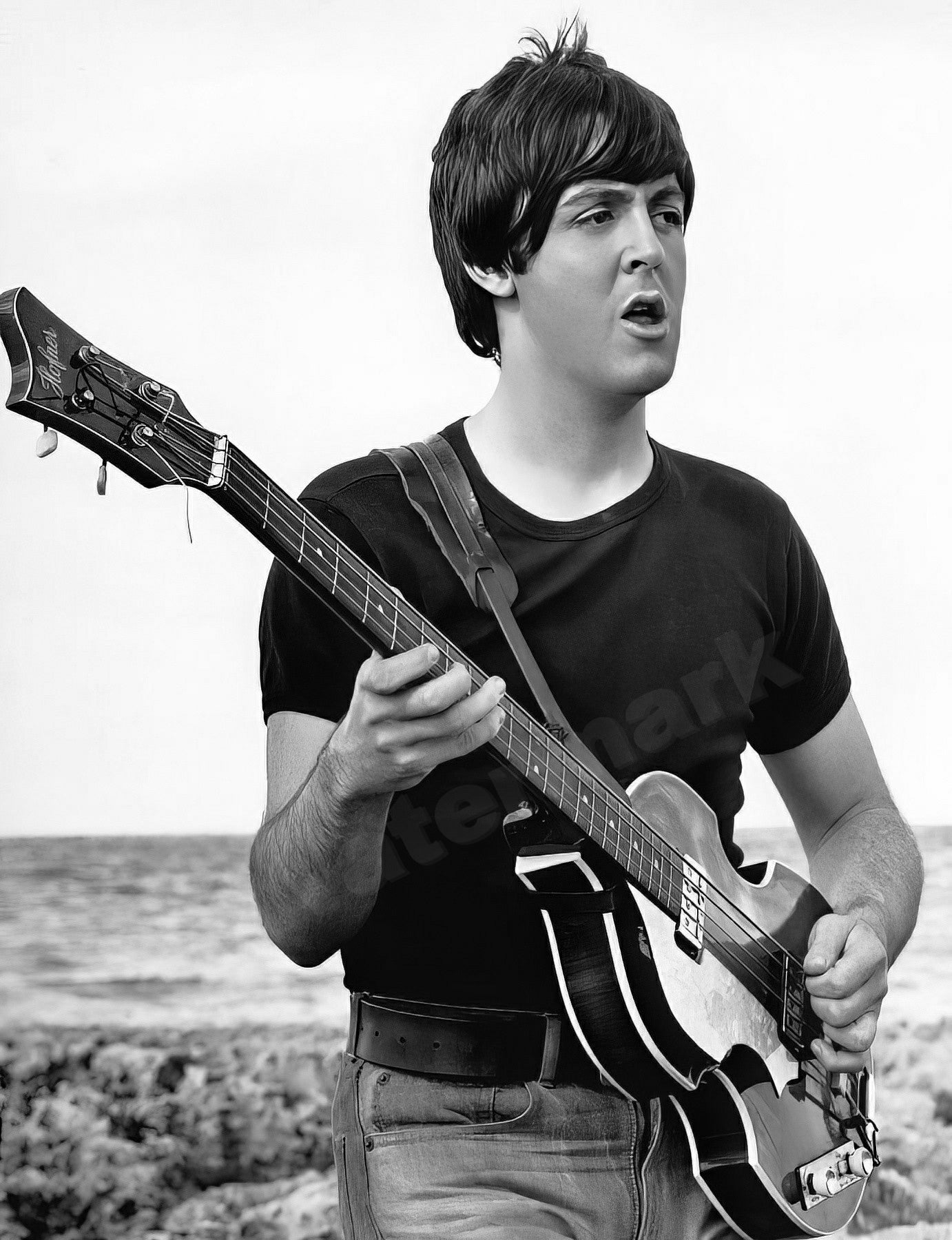Paul Mccartney Playing On Beach For Help B&W Photo - Celebrity Musicians