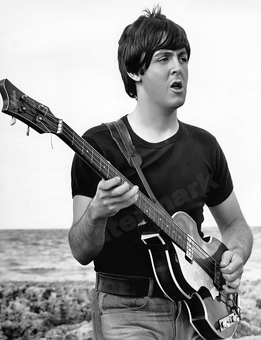Paul Mccartney Playing On Beach For Help B&W Photo - Celebrity Musicians