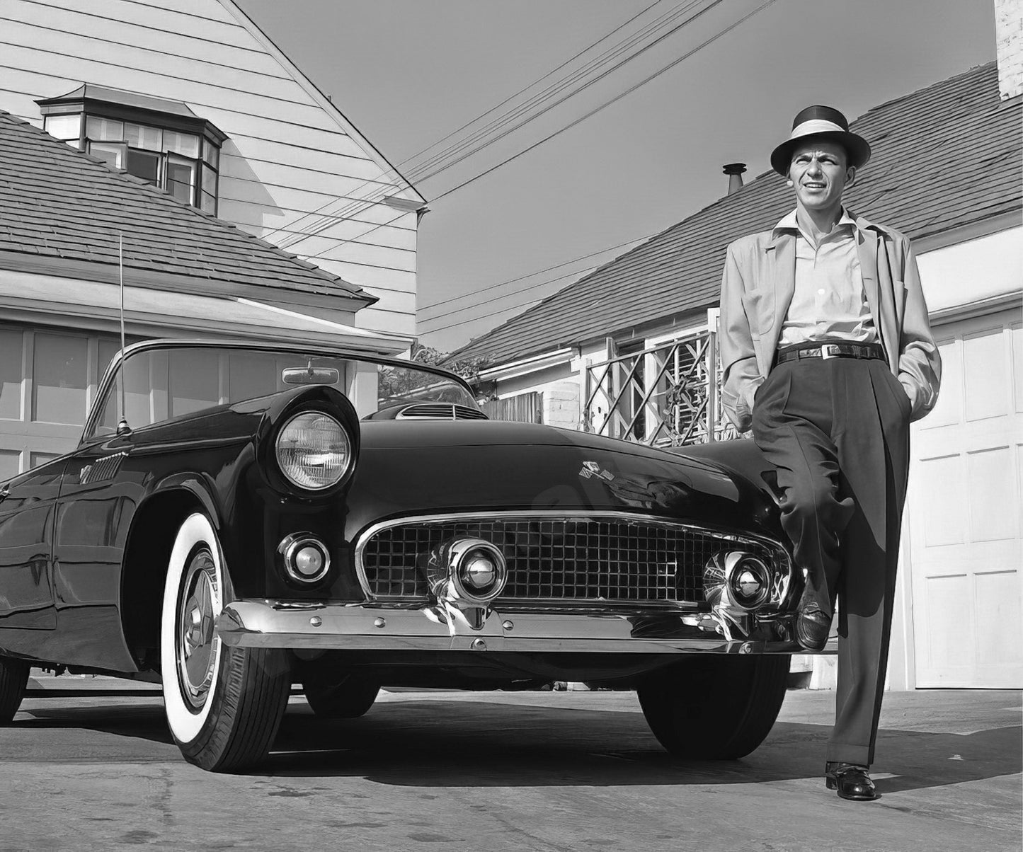 Frank Sinatra Standing Next To Tbird B&W Photo - Celebrity Actors and Musicians