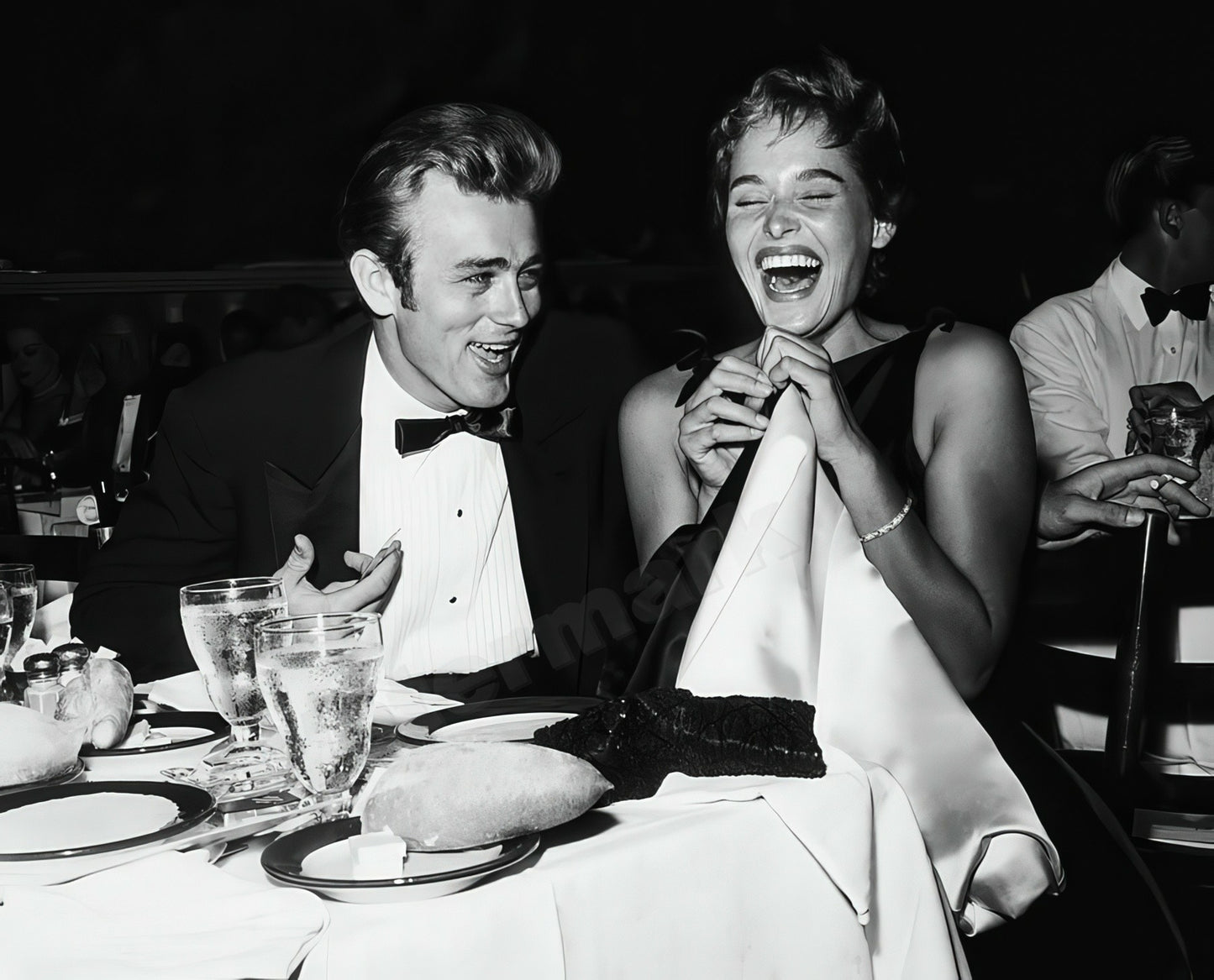James Dean And Ursula Andress Laughing At Dinner Photo - Celebrity Actors and Actresses