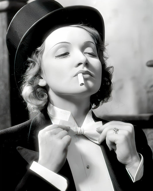 Marlene Dietrich 1930's adjusting her bow tie B&W Photo - Celebrity Actresses