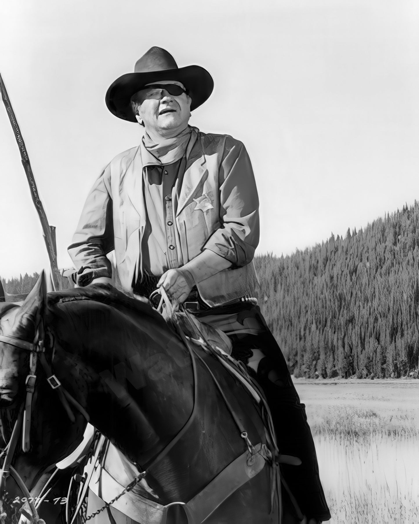 John Wayne classic as Rooster Cogburn on horseback 1969 True Grit B&W Photo - Celebrity Actors