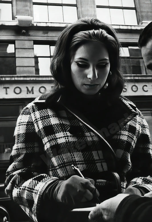 Barbra Streisand Signing Autographs B&W Photo - Celebrity Actresses and Musicians