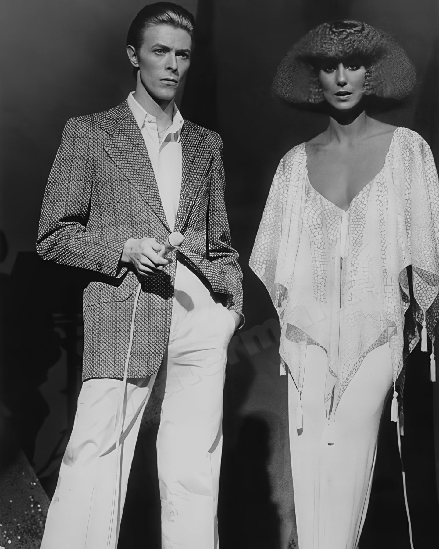 David Bowie and Cher Fashion Icons Of The Age B&W Photo - Celebrity Musicians