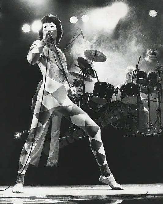 Freddie Mercury Queen Frontman On Stage B&W Photo - Celebrity Musicians