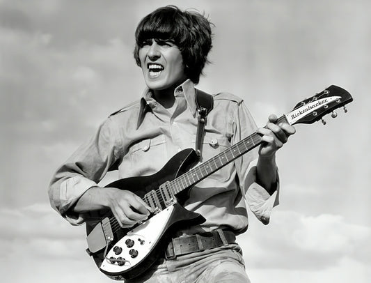 George Harrison Playing Guitar In Help B&W Photo - Celebrity Musicians